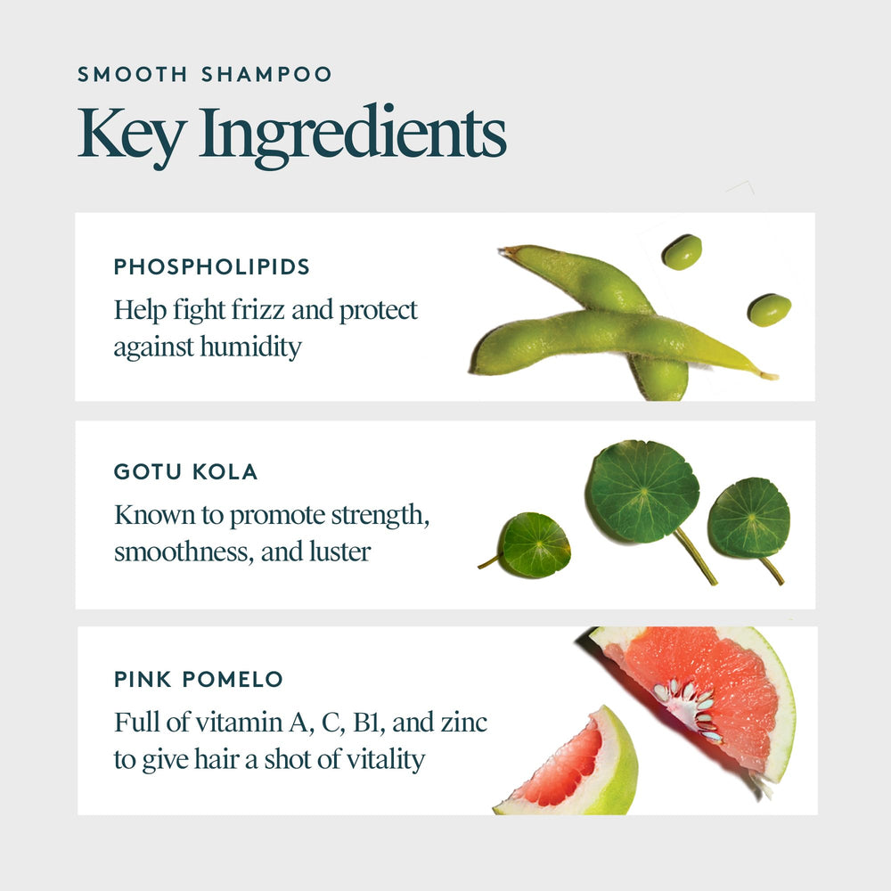 VIRTUE Smooth Shampoo frizz-control action image suggests frizz reduction in use