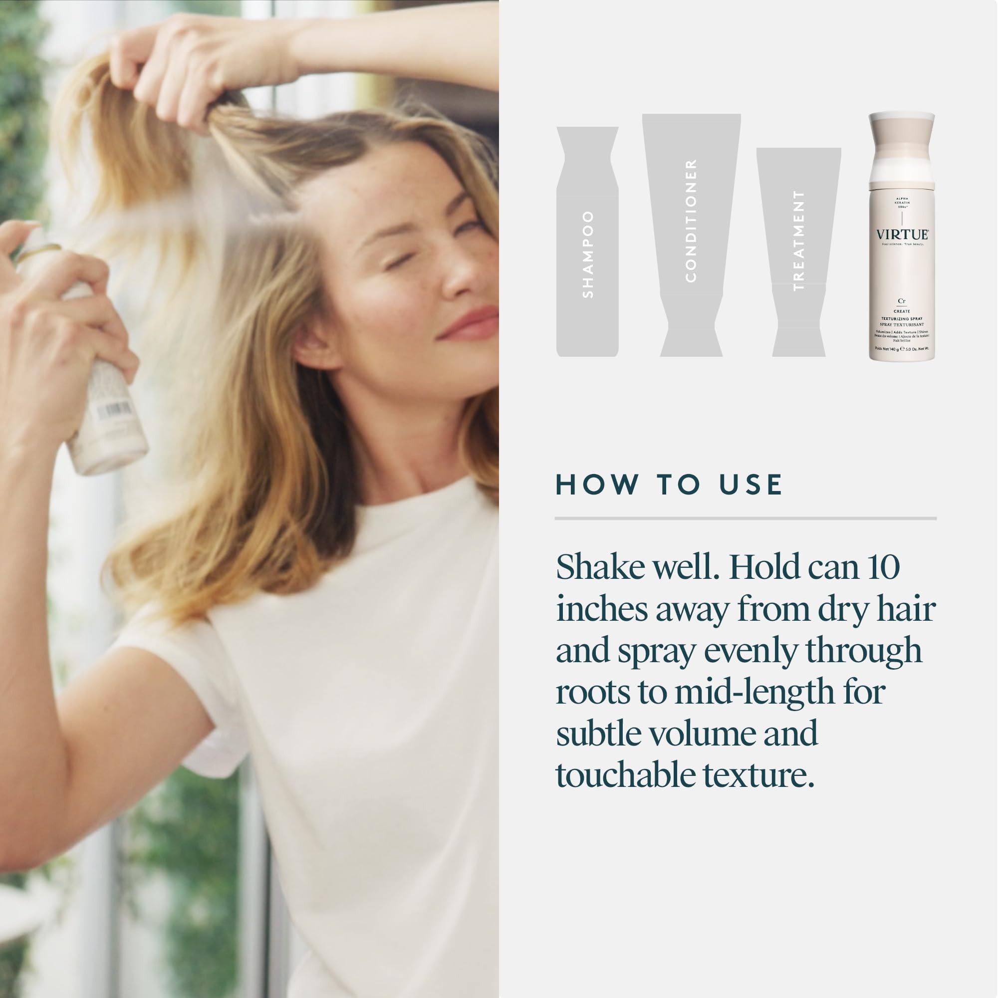 VIRTUE Texturizing Spray fragrance citrus woods adds a bright scent during styling