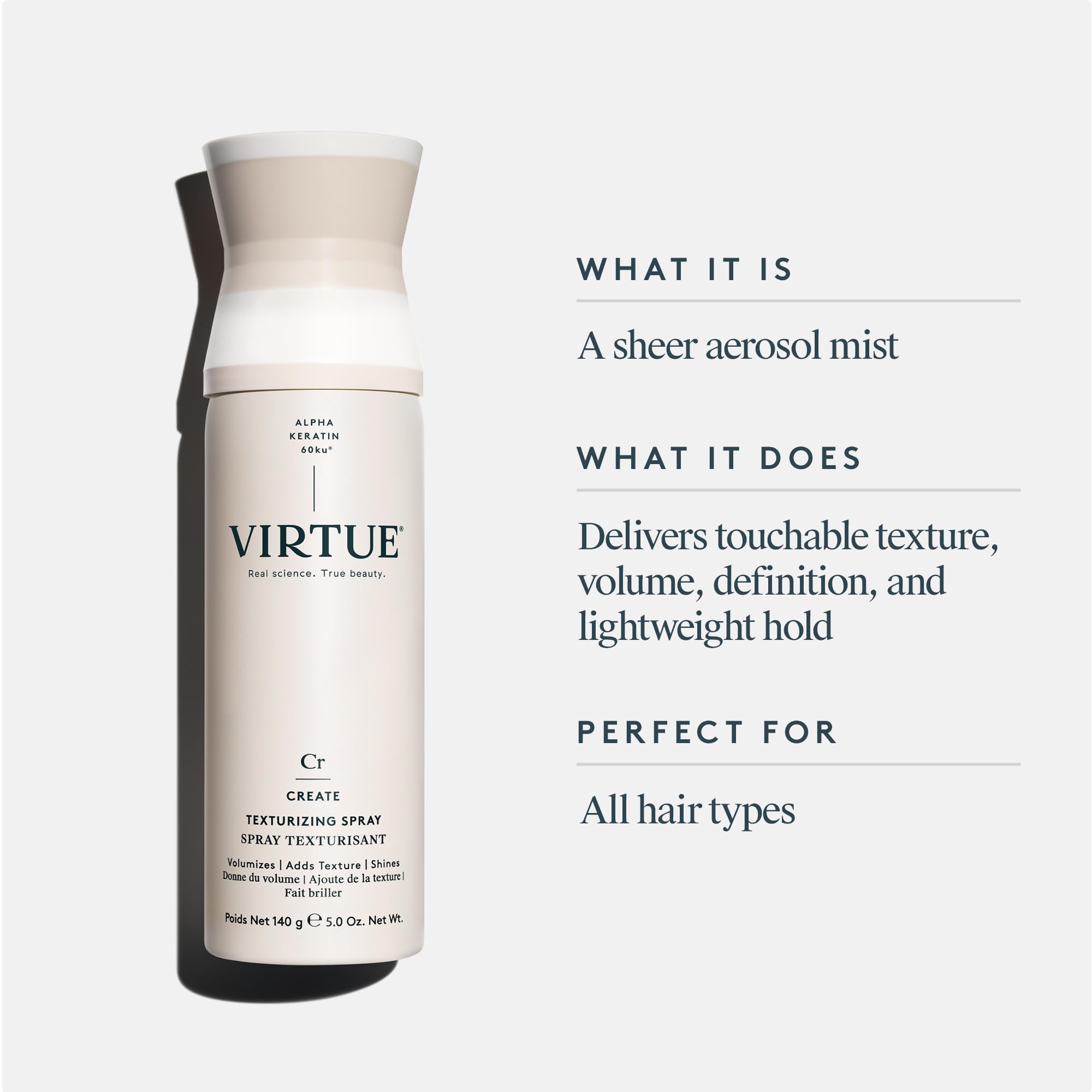 VIRTUE Texturizing Spray mist application demonstrates instant texture without stickiness