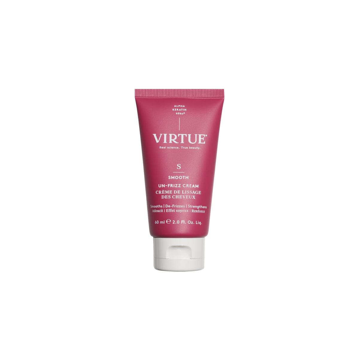 Virtue Un-Frizz Cream packaging highlights frizz control and sleek styling benefits.