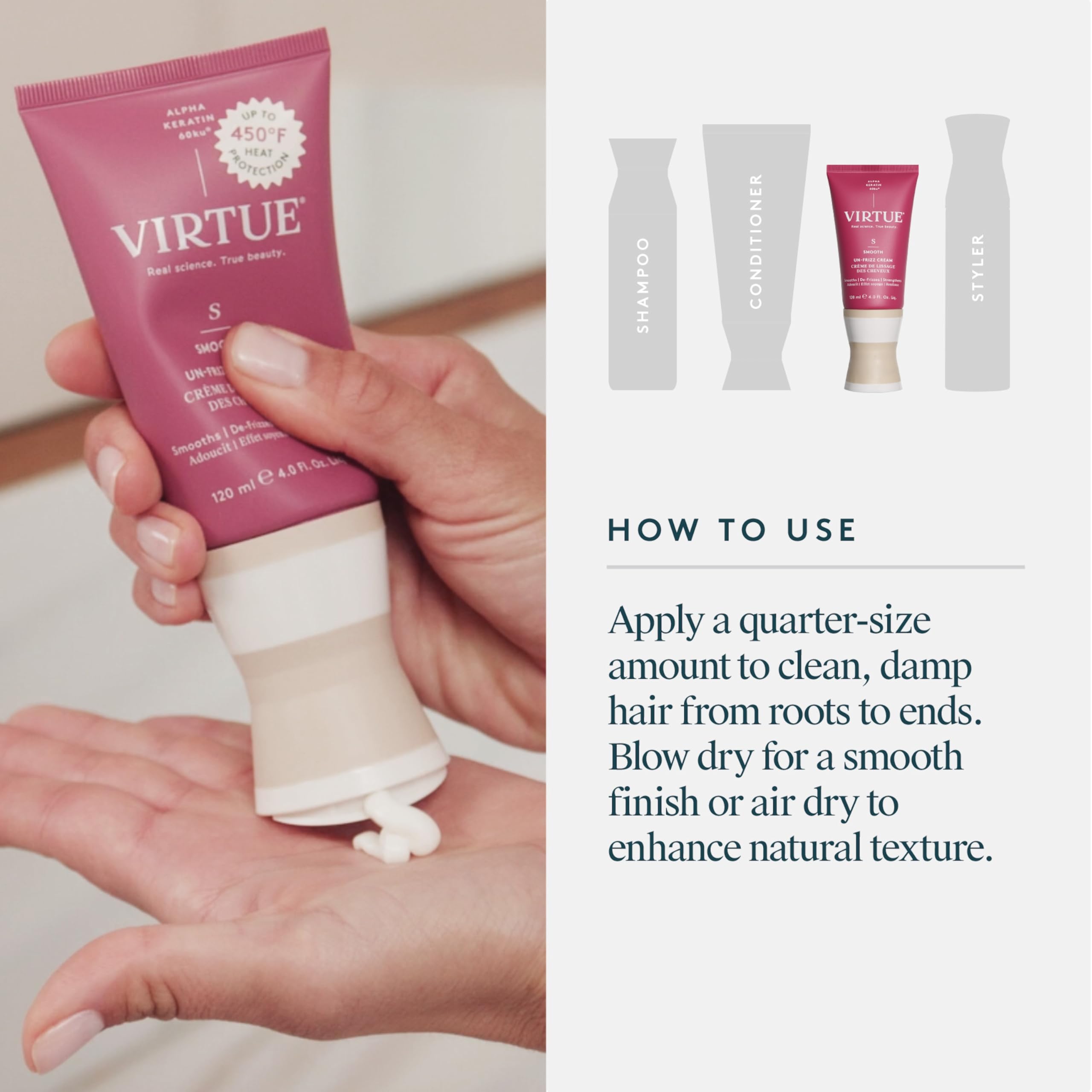 Virtue Un-Frizz Cream sulfate-free badge underscores clean formula.
