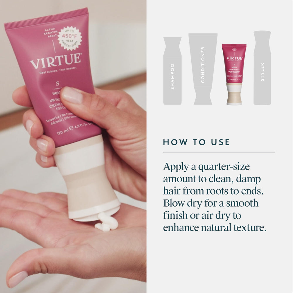 Virtue Un-Frizz Cream sulfate-free badge underscores clean formula.