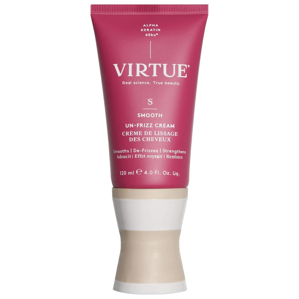 Virtue Un-Frizz leave-in bottle application for easy smoothing and detangling.