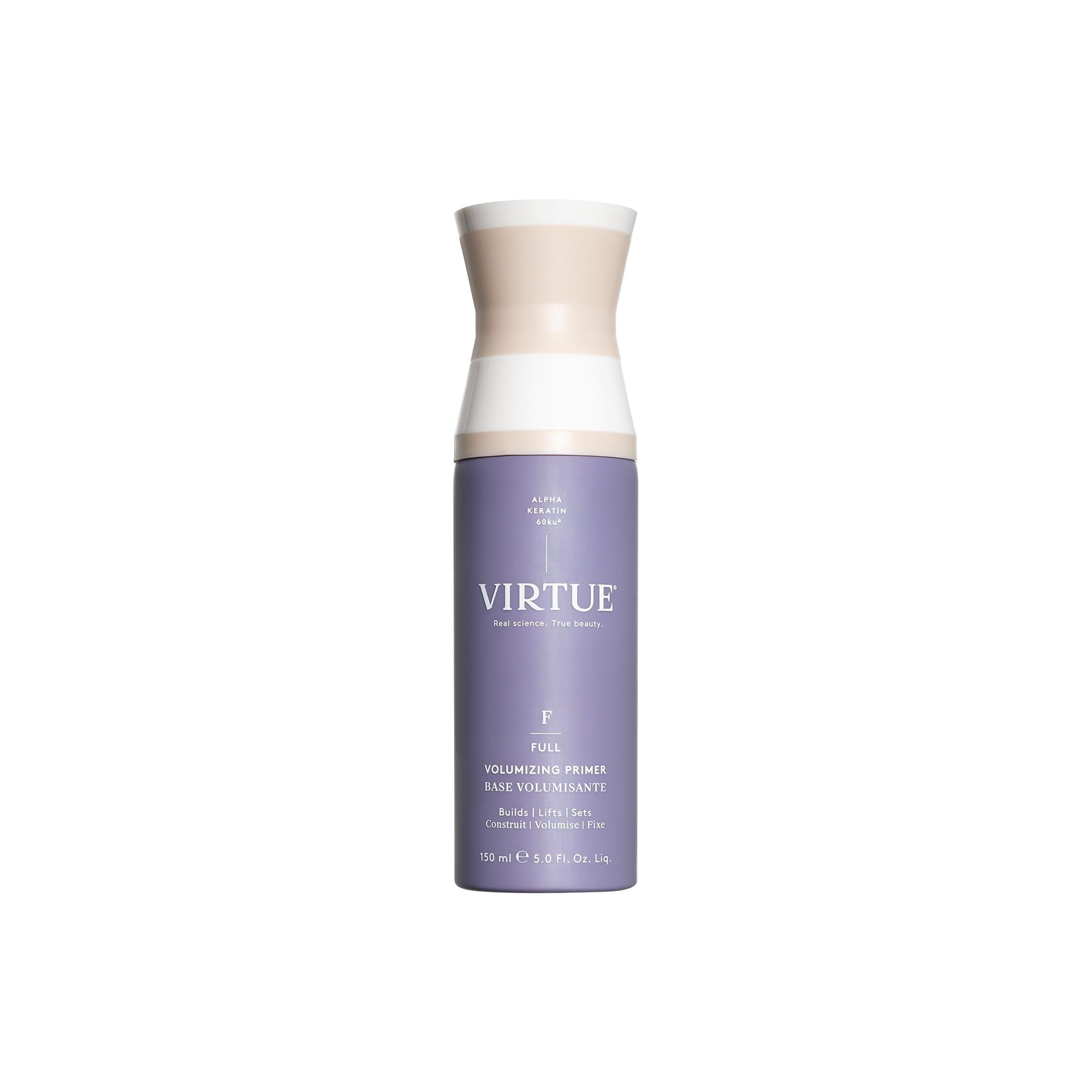Virtue Volumizing Hair Primer Spray bottle displays sleek design for lightweight pre-styling.