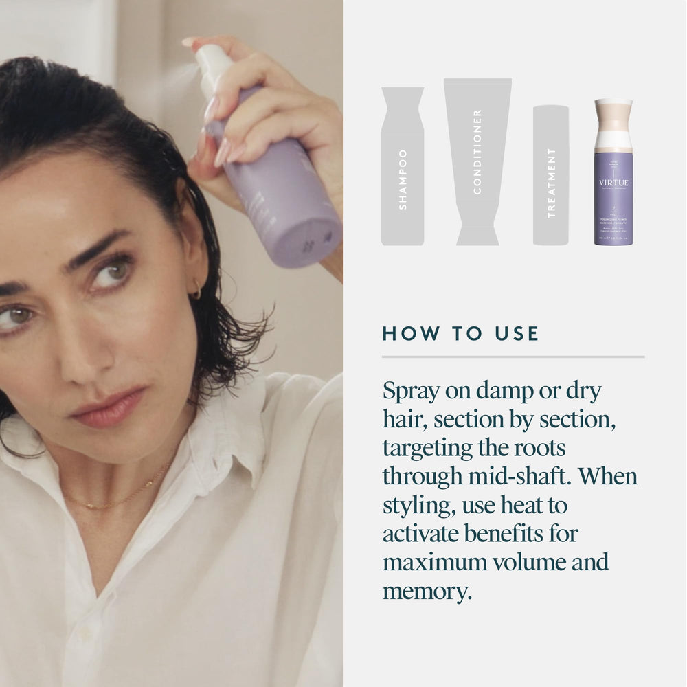 Virtue color-safe primer image suggests compatibility with color-treated hair.