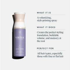 Virtue Volumizing Hair Primer Spray demonstrates root lift for volume.