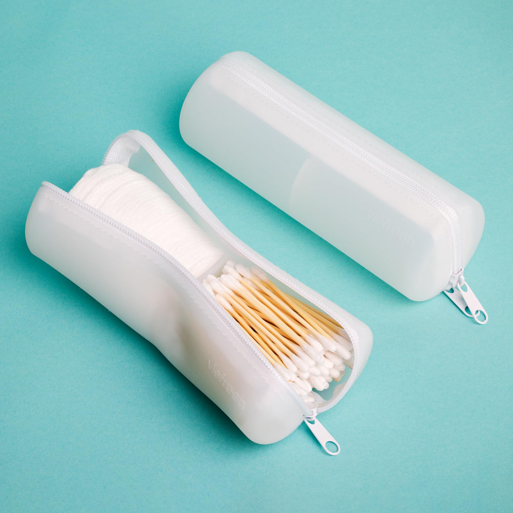 Visfresh cotton round swab travel case side view highlighting compact purse carry.