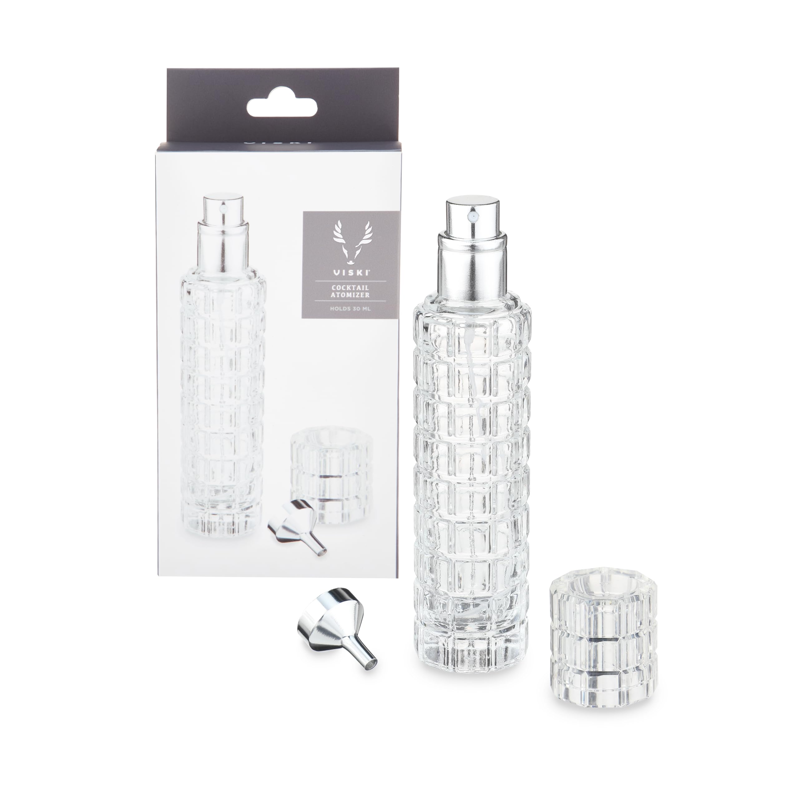Viski martini atomizer glass canister for precise vermouth misting in cocktails.