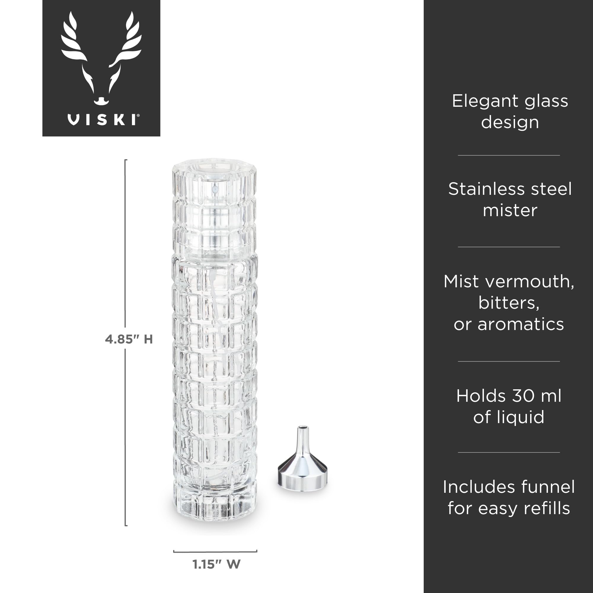 Viski martini atomizer includes a stainless steel funnel for easy refills.