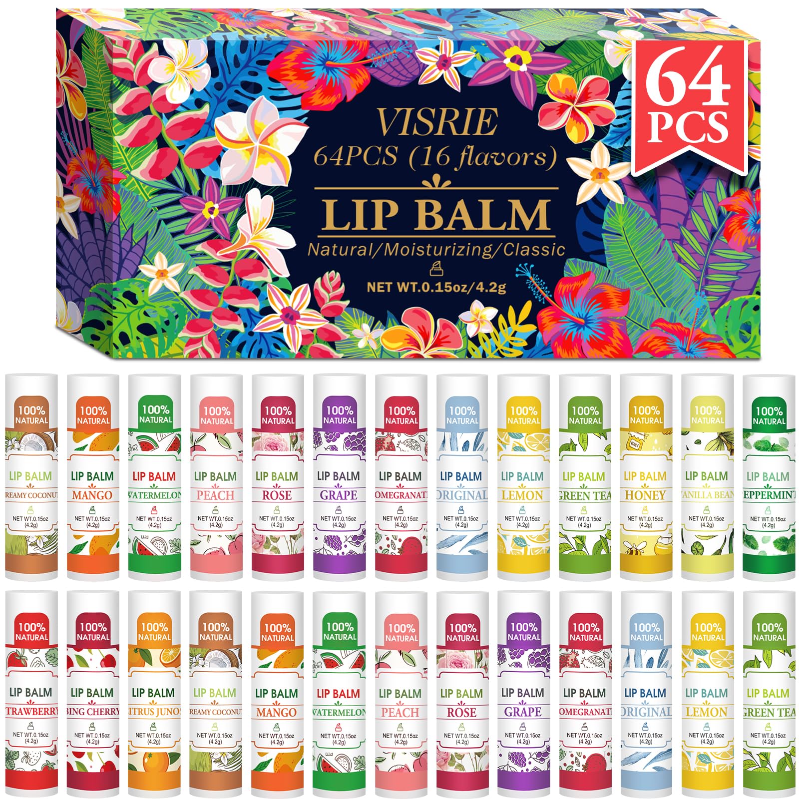 VISRIE 64-pack lip balms with a colorful flavors assortment for on-the-go hydration