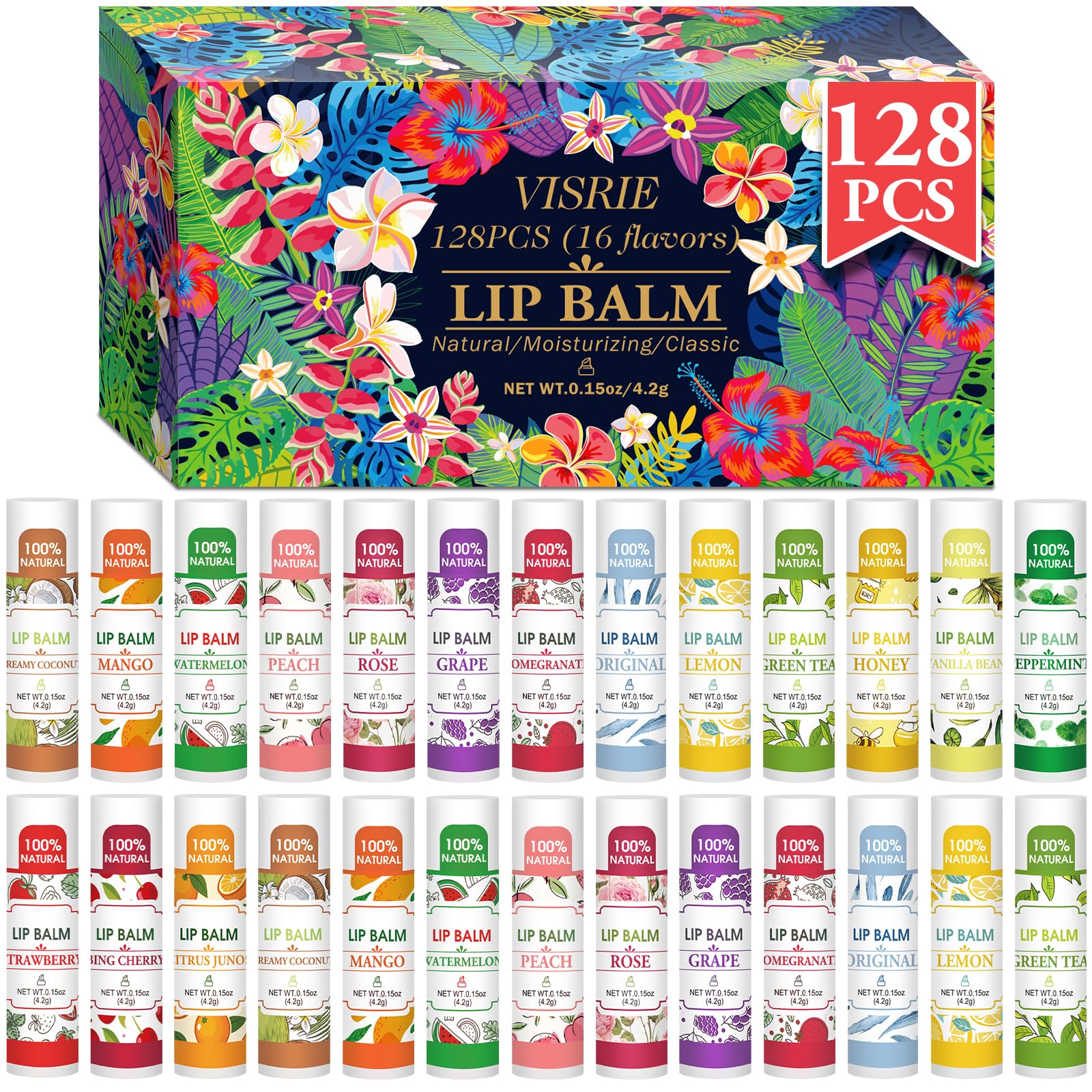 VISRIE lip balm bulk 128-pack display for bulk gifting and daily lip care.