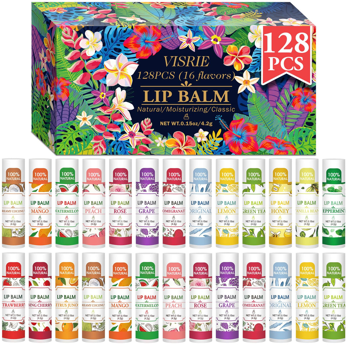 VISRIE lip balm bulk 128-pack display for bulk gifting and daily lip care.