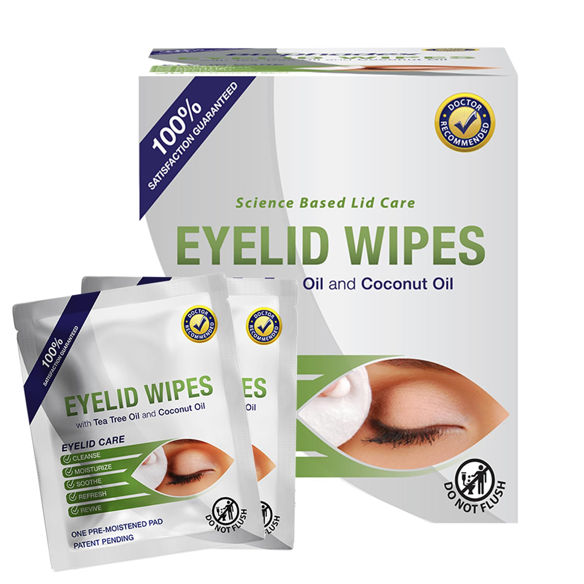 Visual Advantage Lunovus eyelid wipes packaging highlights tea tree and coconut oil benefits.
