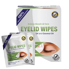 Visual Advantage Lunovus eyelid wipes packaging highlights tea tree and coconut oil benefits.