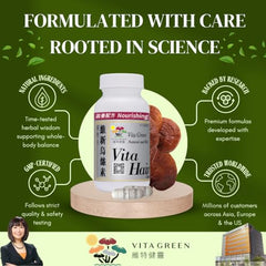 Vita Green hair growth supplement capsules shown for daily use.