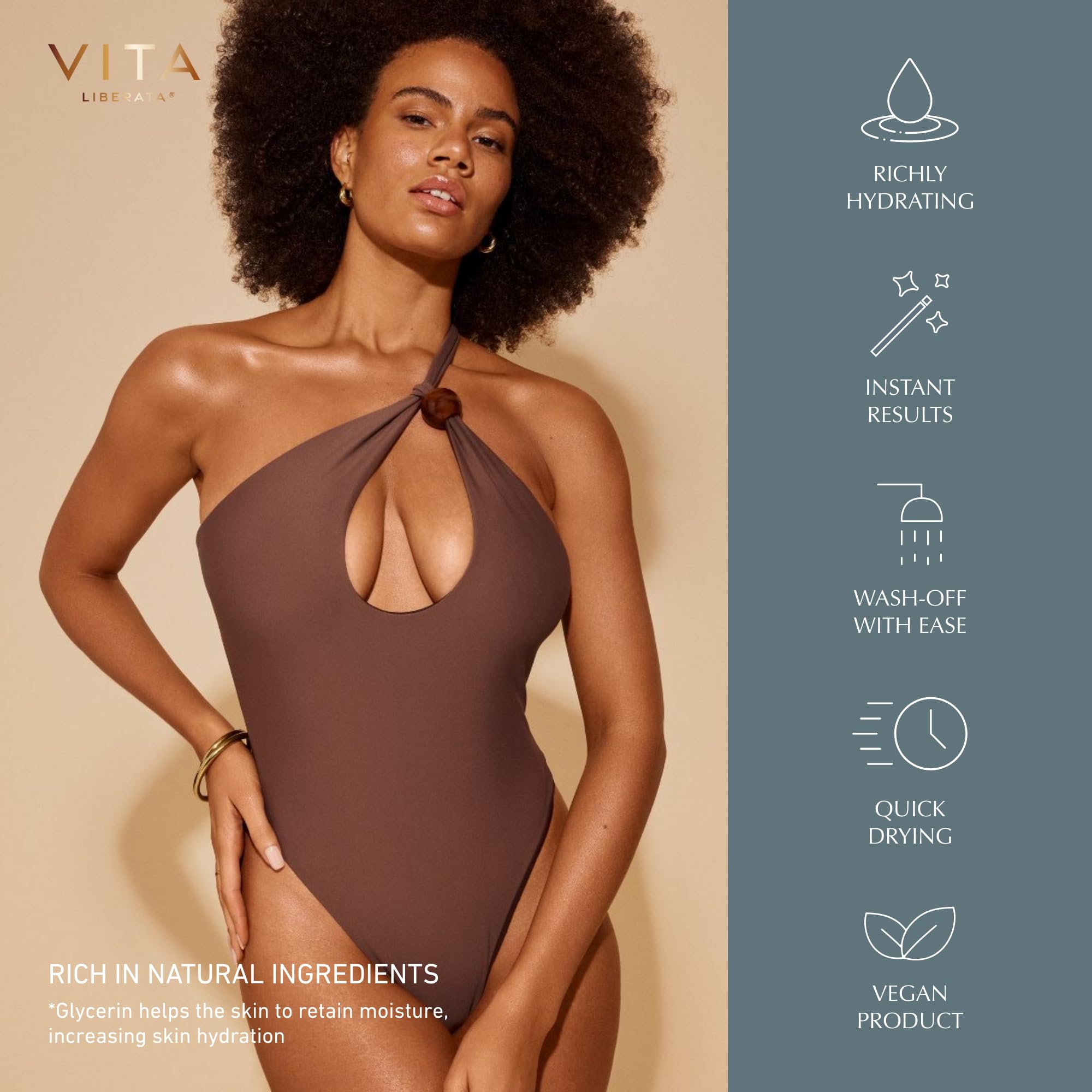 Vita Liberata Body Blur Dark on legs offers quick-dry, wash-off finish.