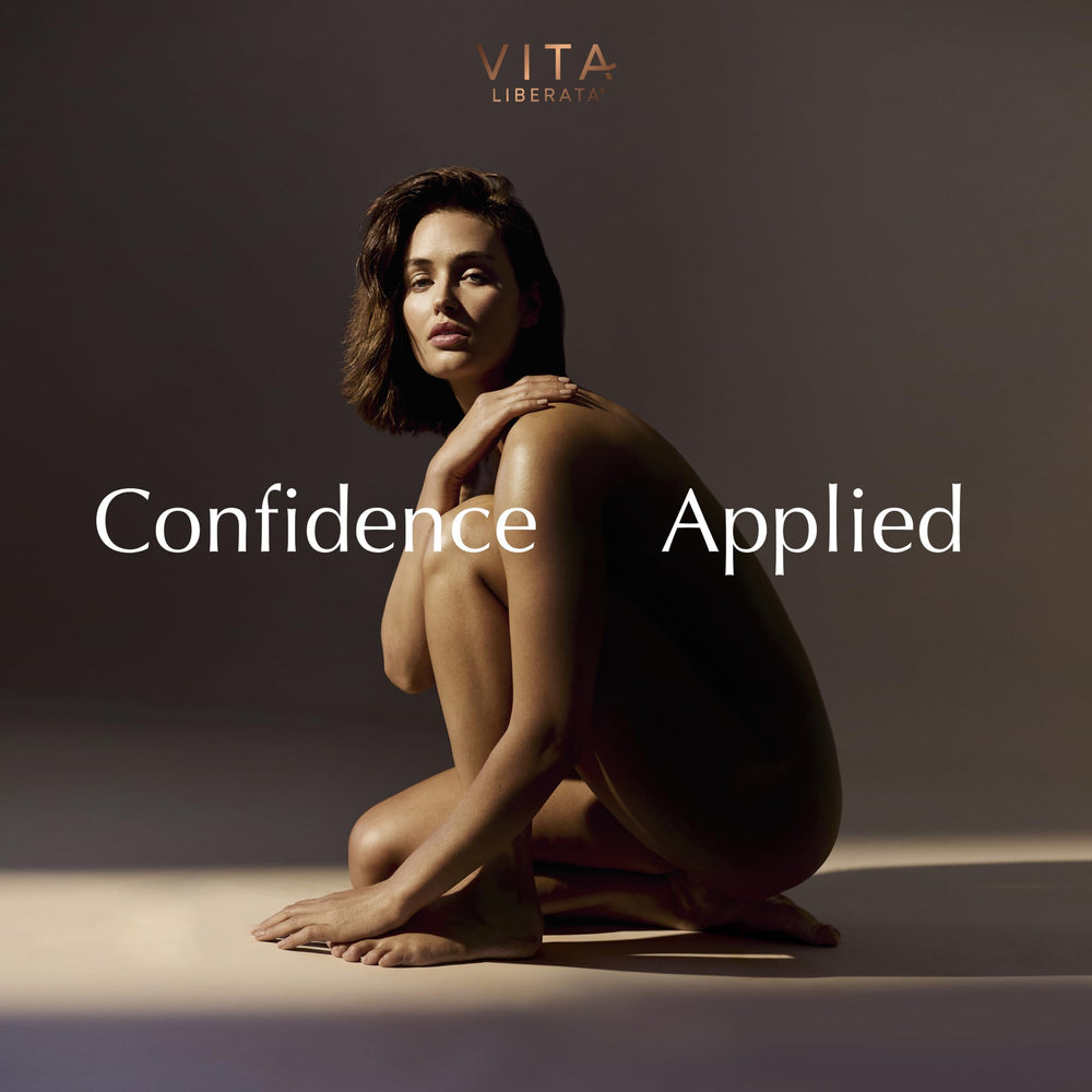Vita Liberata Fabulous Gradual Tanning Lotion after-application skin glow shot suggests lasting hydration.
