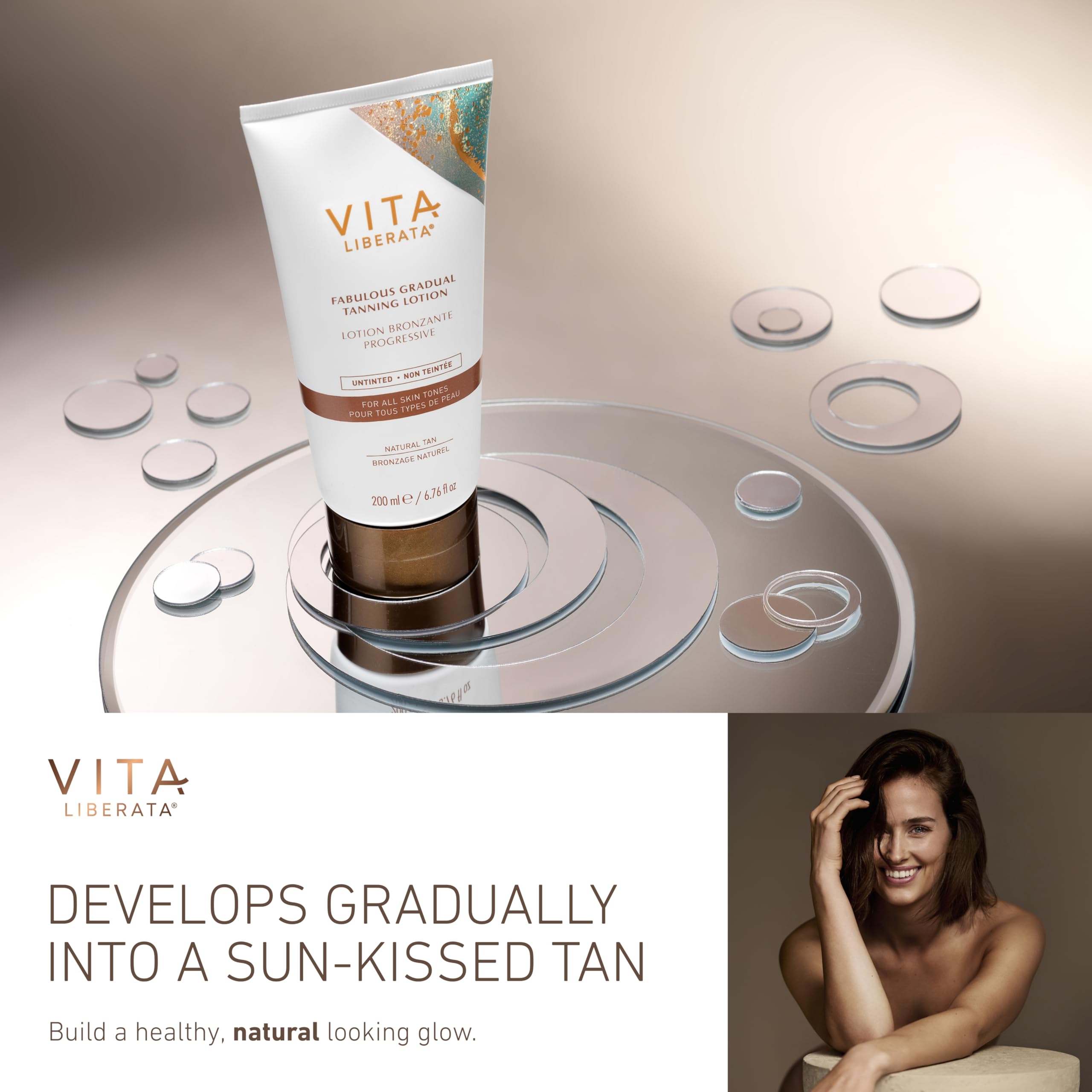 Vita Liberata Fabulous Gradual Tanning Lotion body-glow close-up highlights hydrating formula for natural-looking tan.