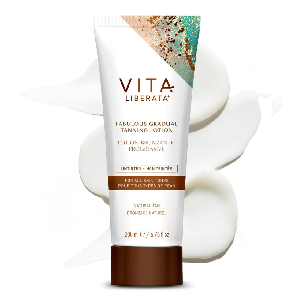 Vita Liberata Fabulous Gradual Tanning Lotion packaging shows the clear formula for transfer-minimized glow.