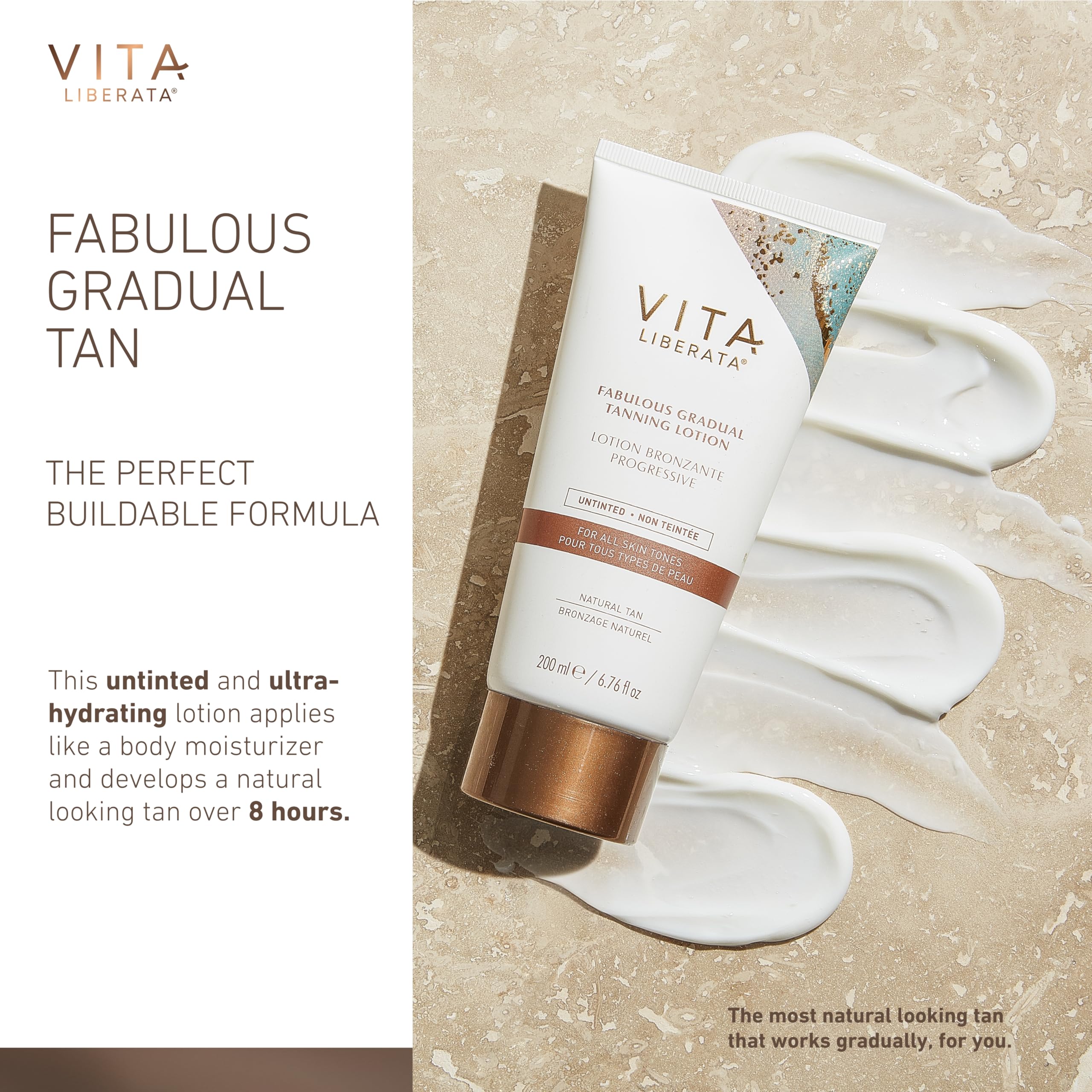 Vita Liberata Fabulous Gradual Tanning Lotion pump-dispense demonstrates easy, even application with mess-free use.