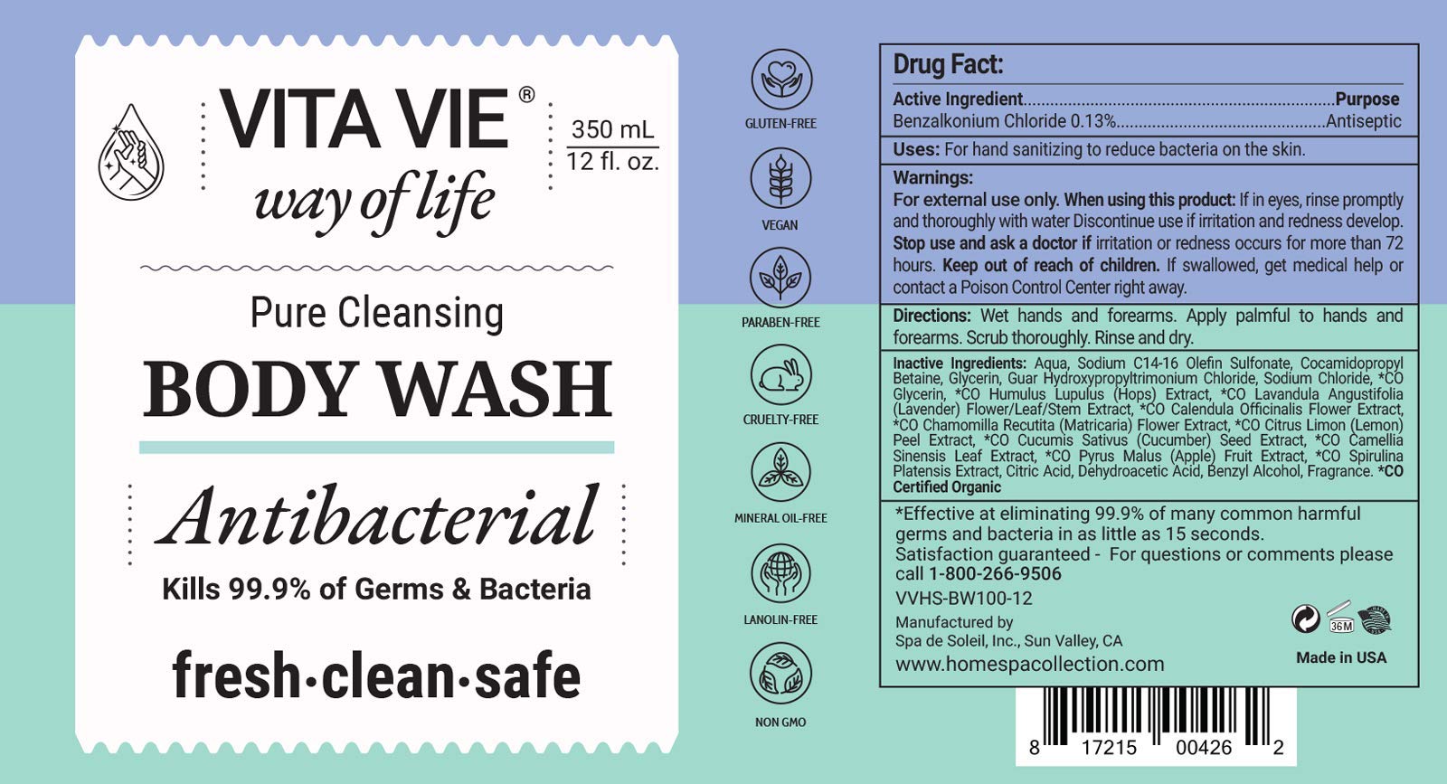 VITA VIE antibacterial body wash lather-on-skin captures rich foam for a soothing cleanse.