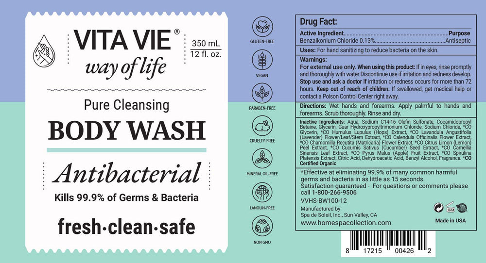 VITA VIE antibacterial body wash lather-on-skin captures rich foam for a soothing cleanse.