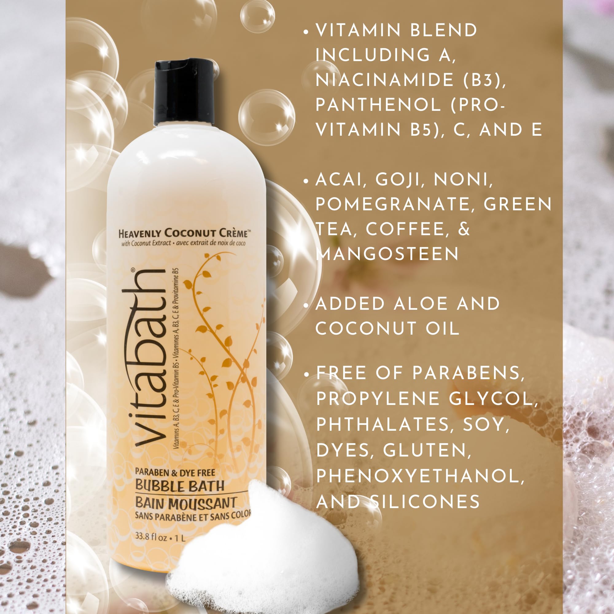 Vitabath Heavenly Coconut Creme Bubble Bath foam swirls in tub for soothing bubbles