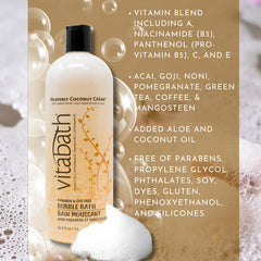Vitabath Heavenly Coconut Creme Bubble Bath foam swirls in tub for soothing bubbles