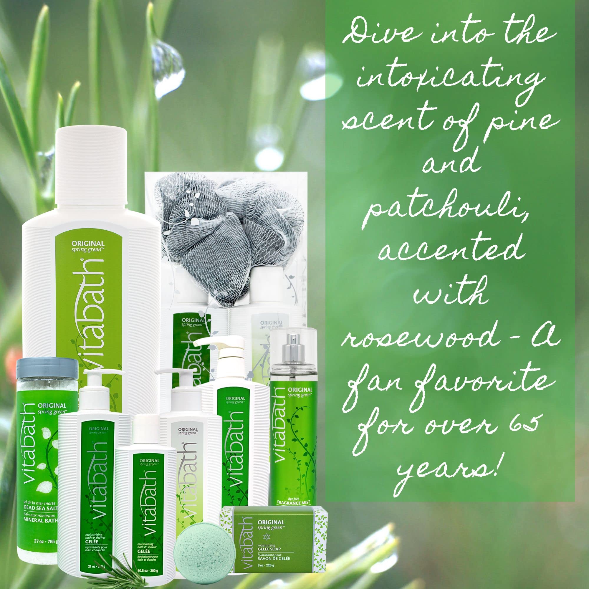 Vitabath Original Spring Green bottle highlights after-bath hydration that keeps skin comfortable.