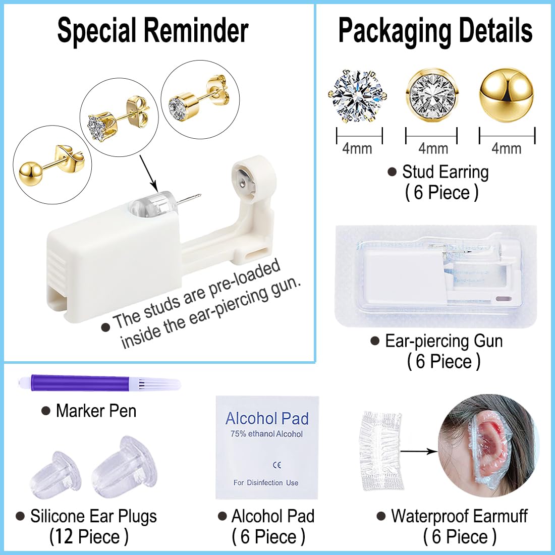 VitaCool sterile CZ stud earrings, gold mixed patterns, ready to wear.