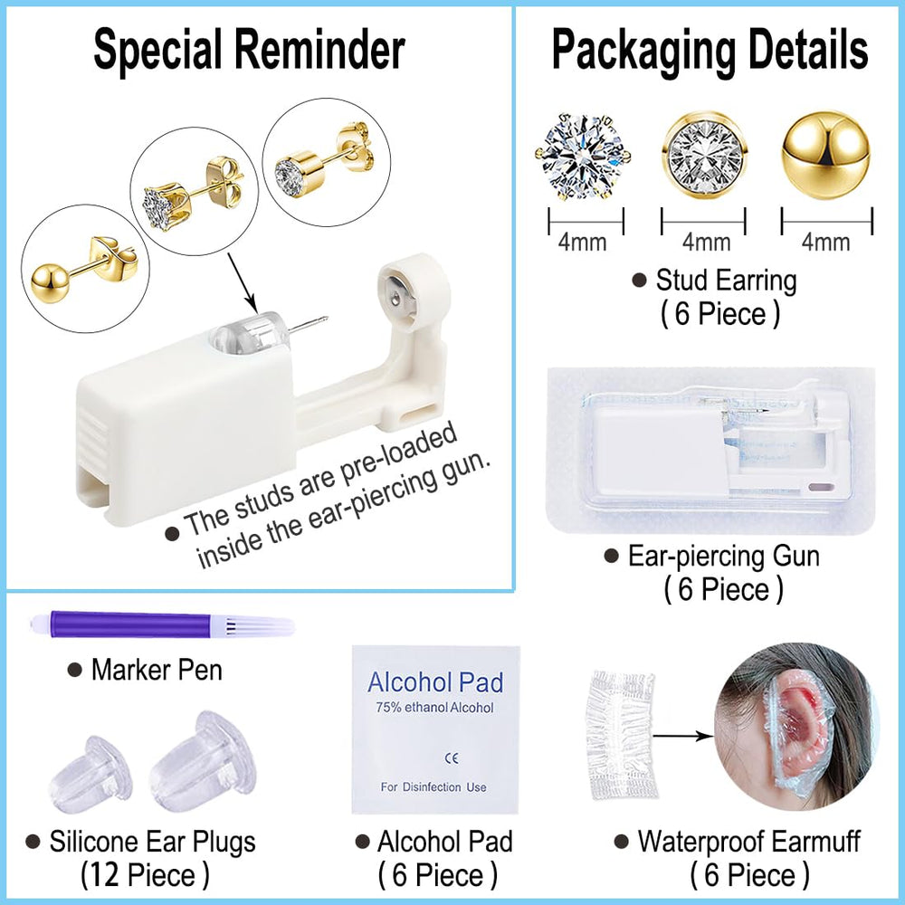 VitaCool sterile CZ stud earrings, gold mixed patterns, ready to wear.