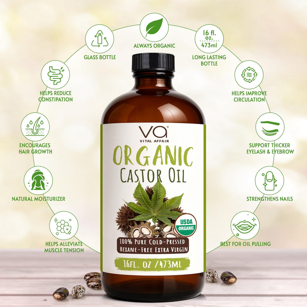 Vital Affair amber glass bottle of organic castor oil