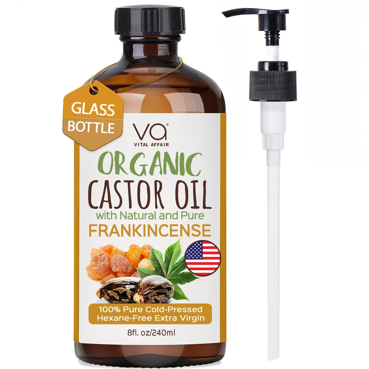 VITAL AFFAIR Castor & Frankincense oil bottle shows pure glass packaging for long-lasting freshness