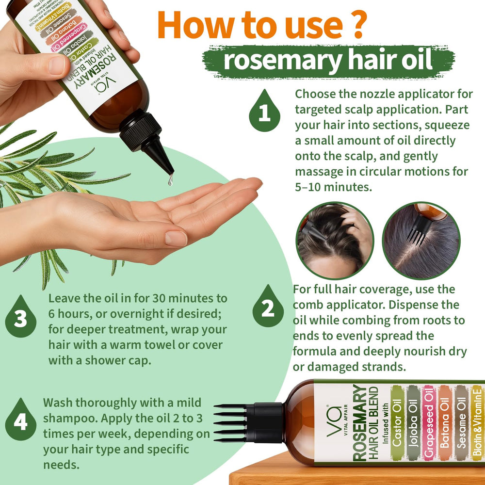 VITAL AFFAIR castor oil bottle application for nourishing, thicker-looking hair.