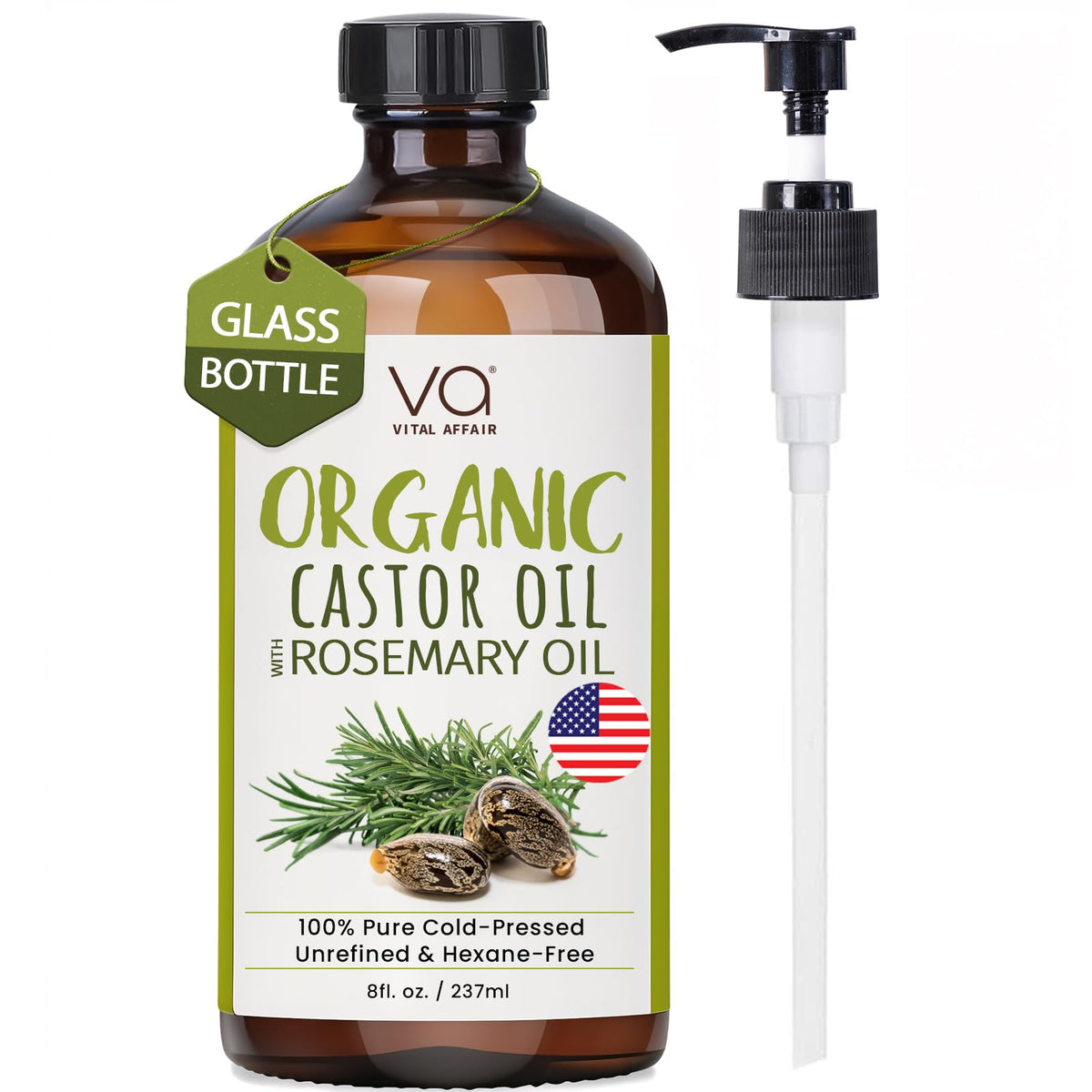 VITAL AFFAIR castor oil rosemary bottle highlights glass packaging that preserves purity for hair care.