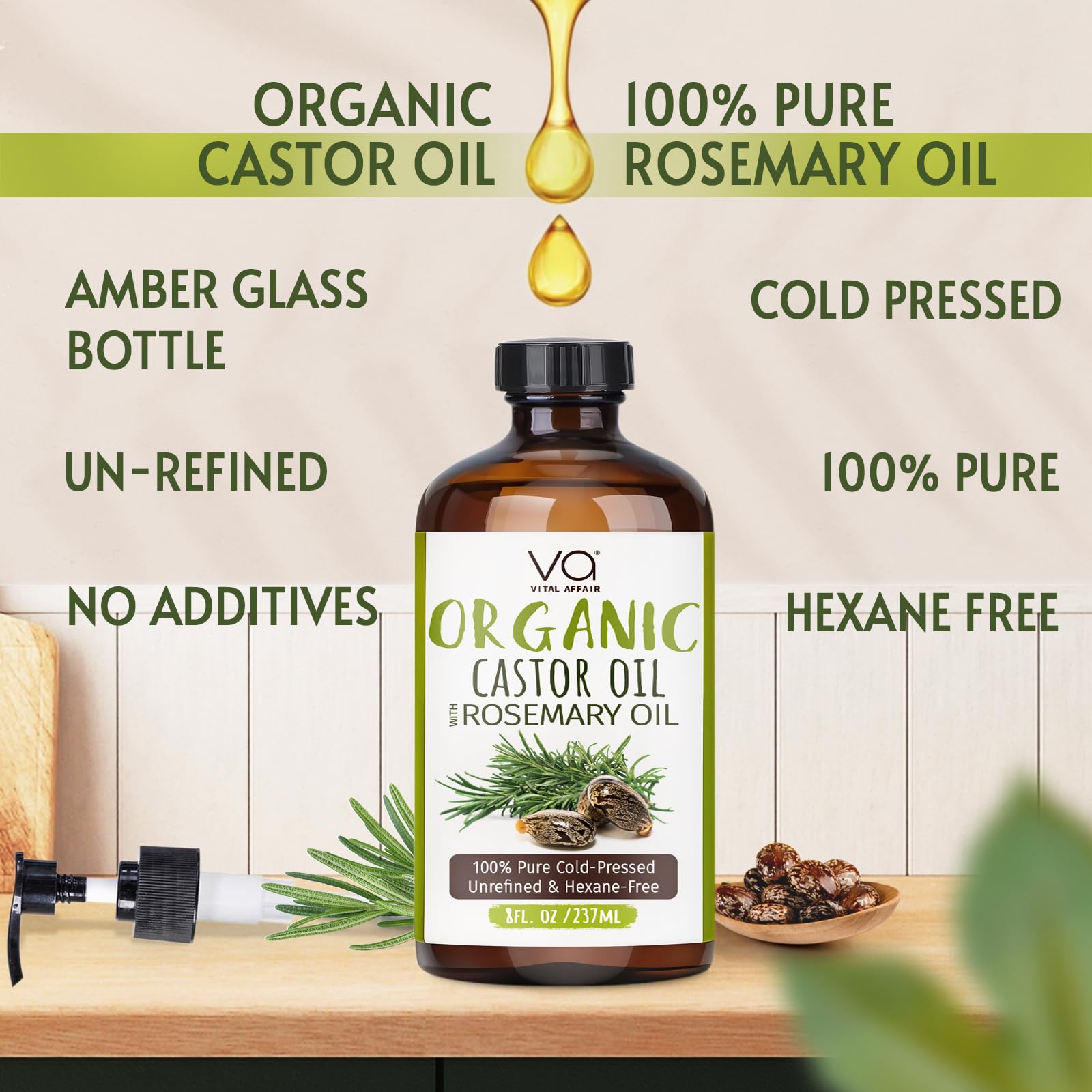 VITAL AFFAIR castor oil rosemary glass bottle closeup demonstrates hexane-free, chemical-free composition for healthy hair.