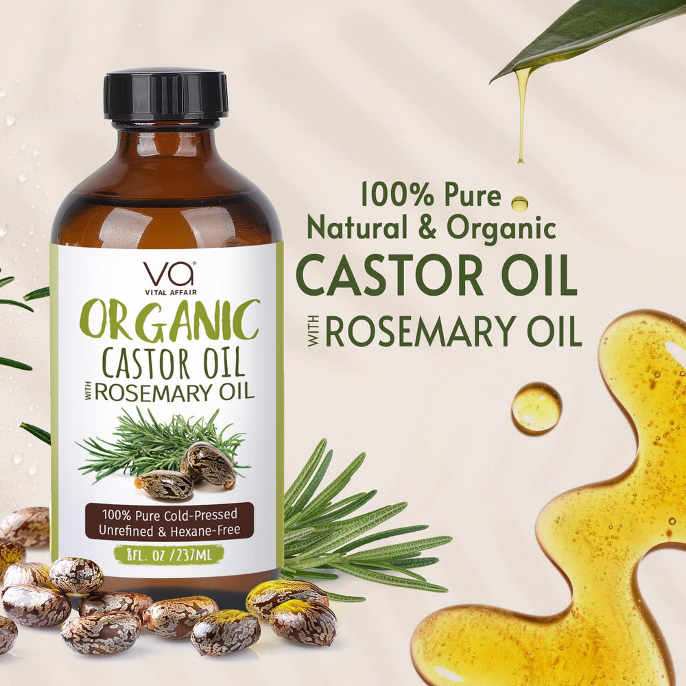 VITAL AFFAIR castor oil rosemary hair care image suggests nourishing strands with a light rosemary fragrance.
