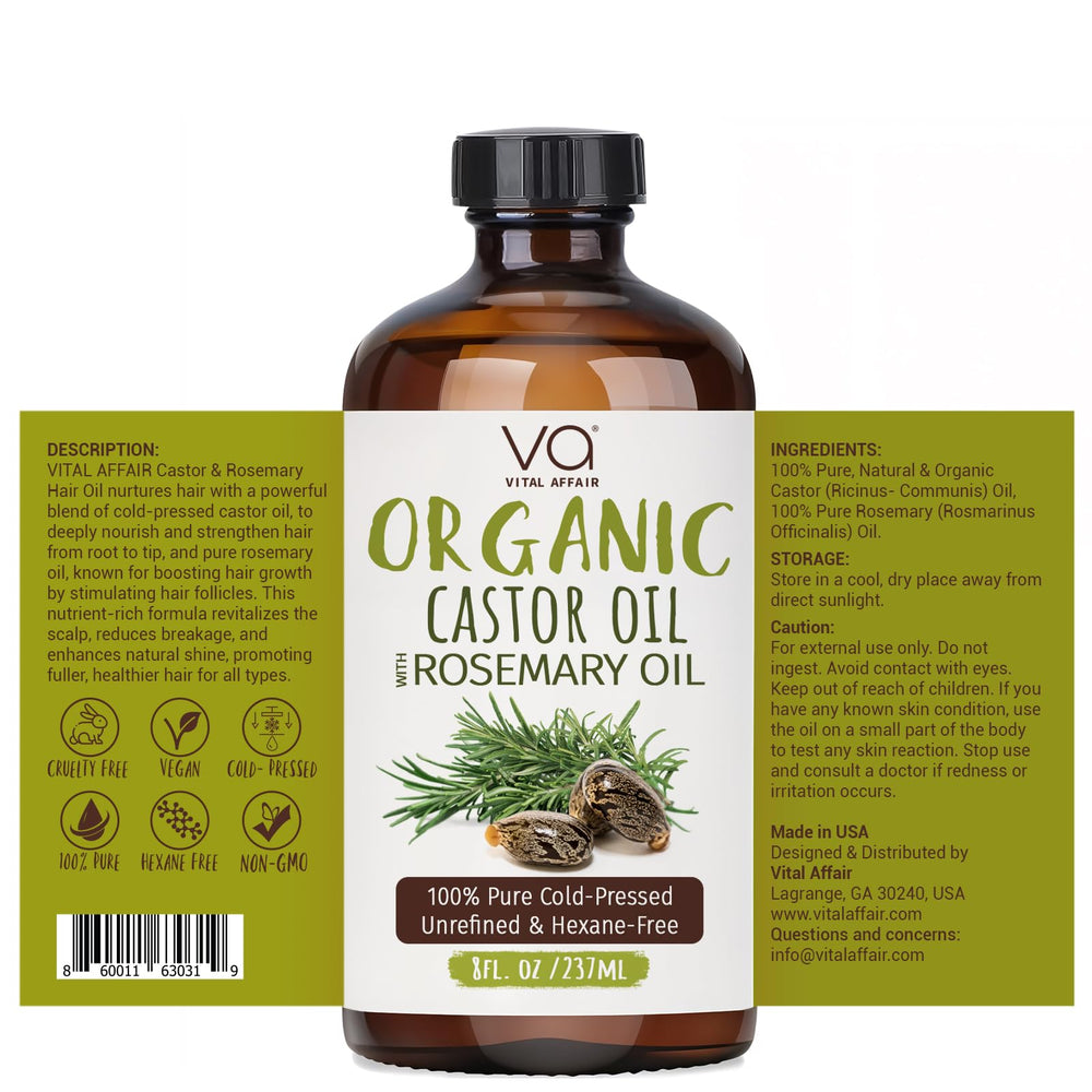 VITAL AFFAIR castor oil rosemary packaging on shelf conveys pure, unrefined quality.