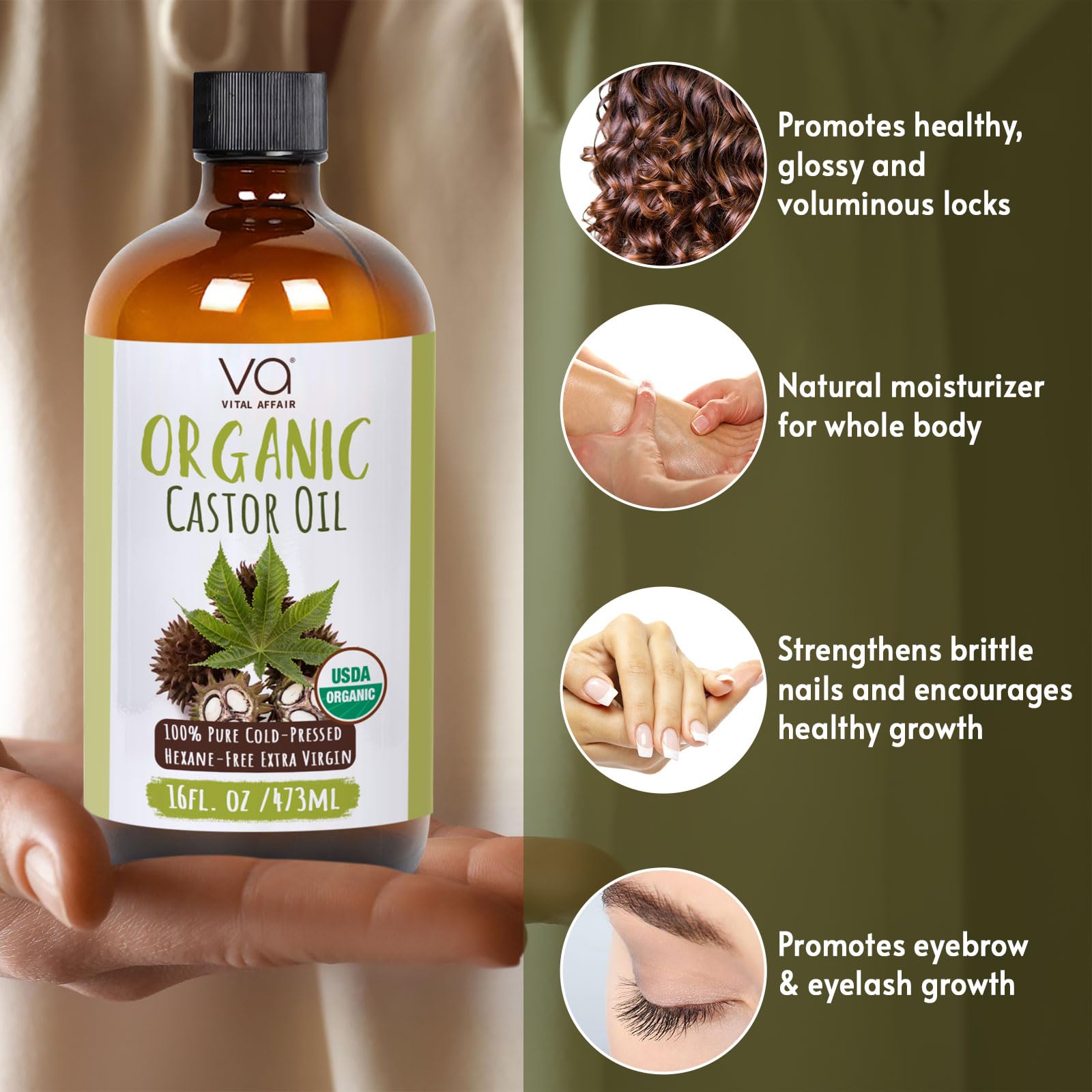 VITAL AFFAIR facial hydration with castor oil on skin texture close-up.