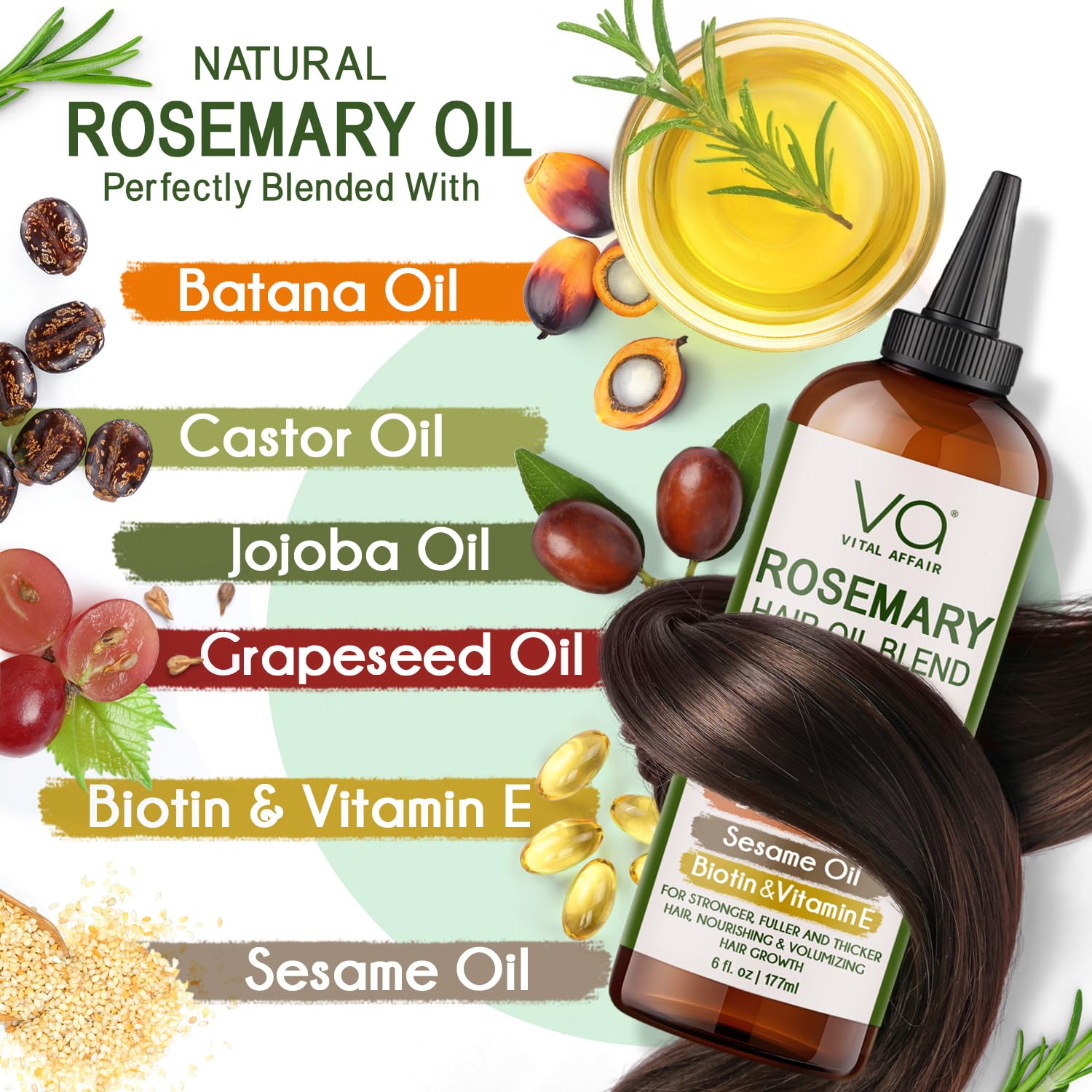 VITAL AFFAIR grapeseed oil bottle highlights antioxidant-rich shine and resilience.