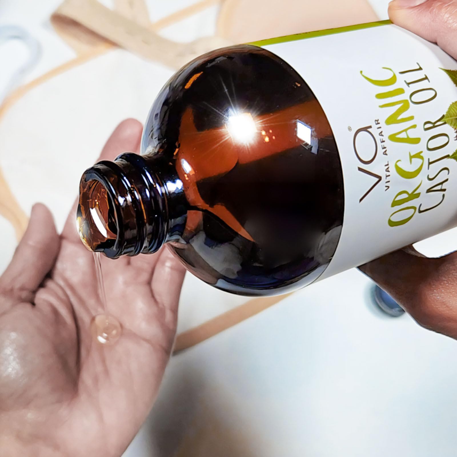 Vital Affair organic castor oil label emphasizing purity and USA quality