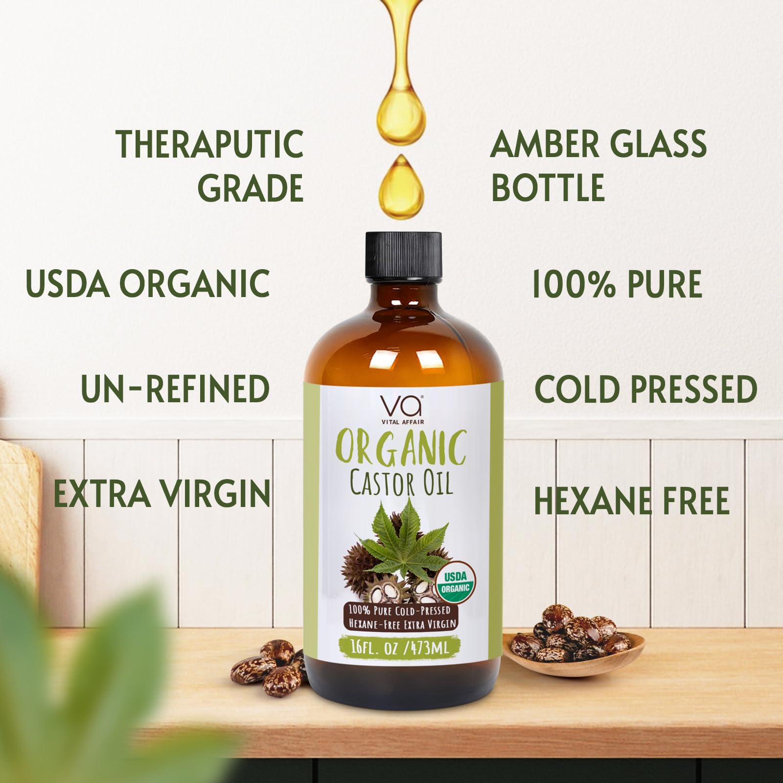 VITAL AFFAIR organic cold-pressed castor oil in amber glass emphasizing hexane-free purity.