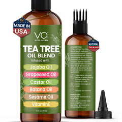 Vital Affair Tea Tree Oil bottle close-up highlighting soothing scalp care.