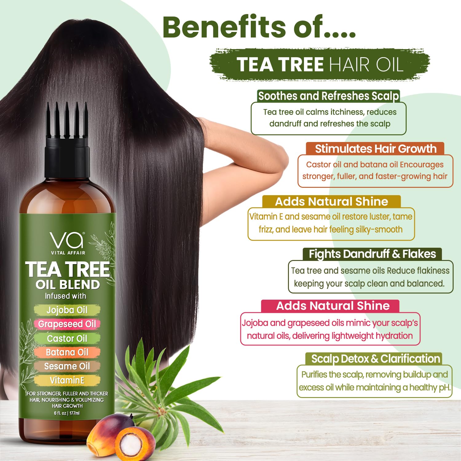 Vital Affair Tea Tree Oil on dandruff-affected scalp signals flake-relief potential.