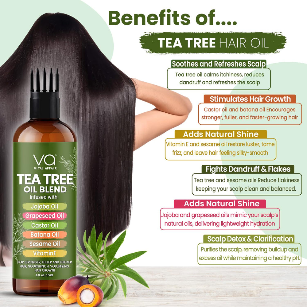 Vital Affair Tea Tree Oil on dandruff-affected scalp signals flake-relief potential.