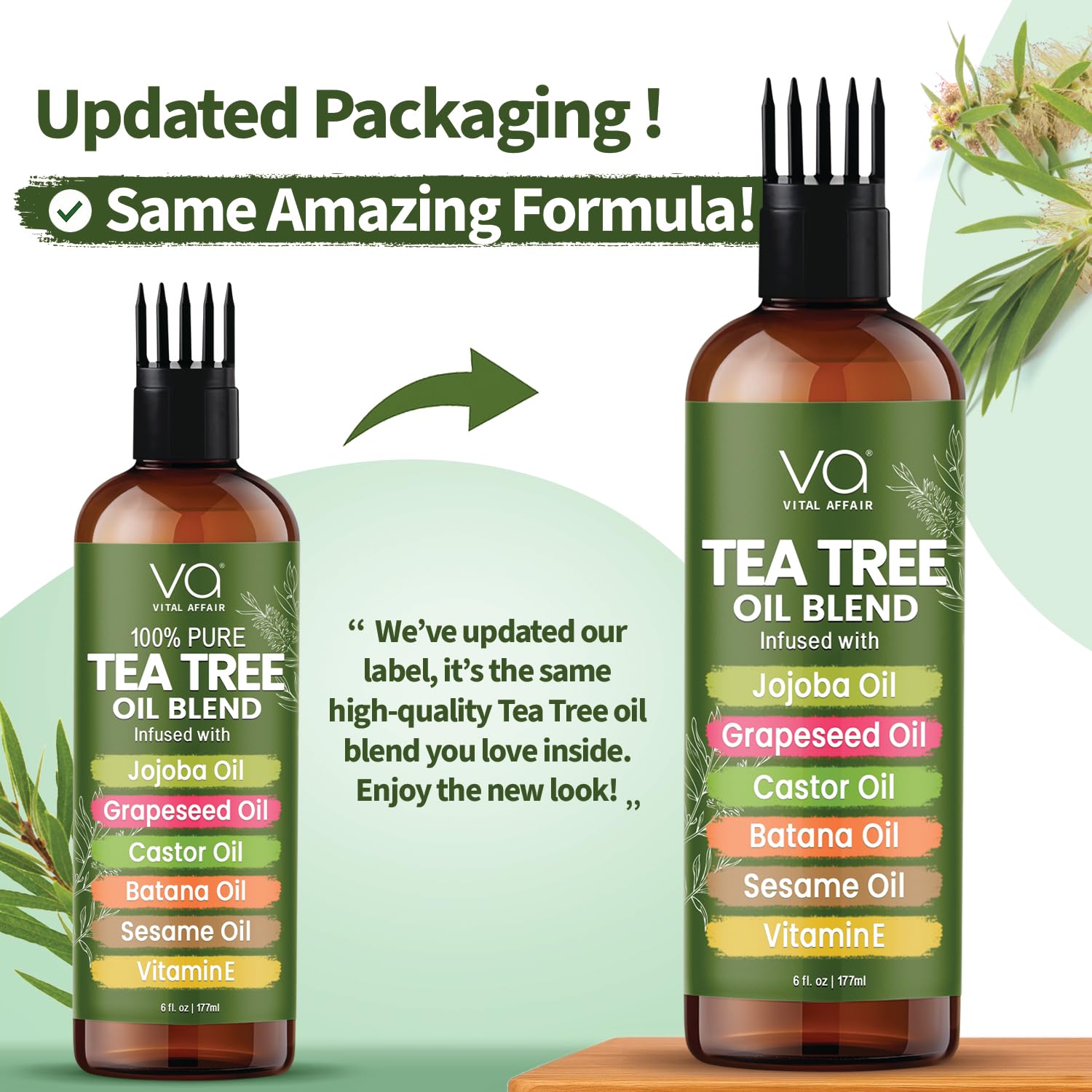 Vital Affair Tea Tree Oil ingredients label shows castor oil for moisture.