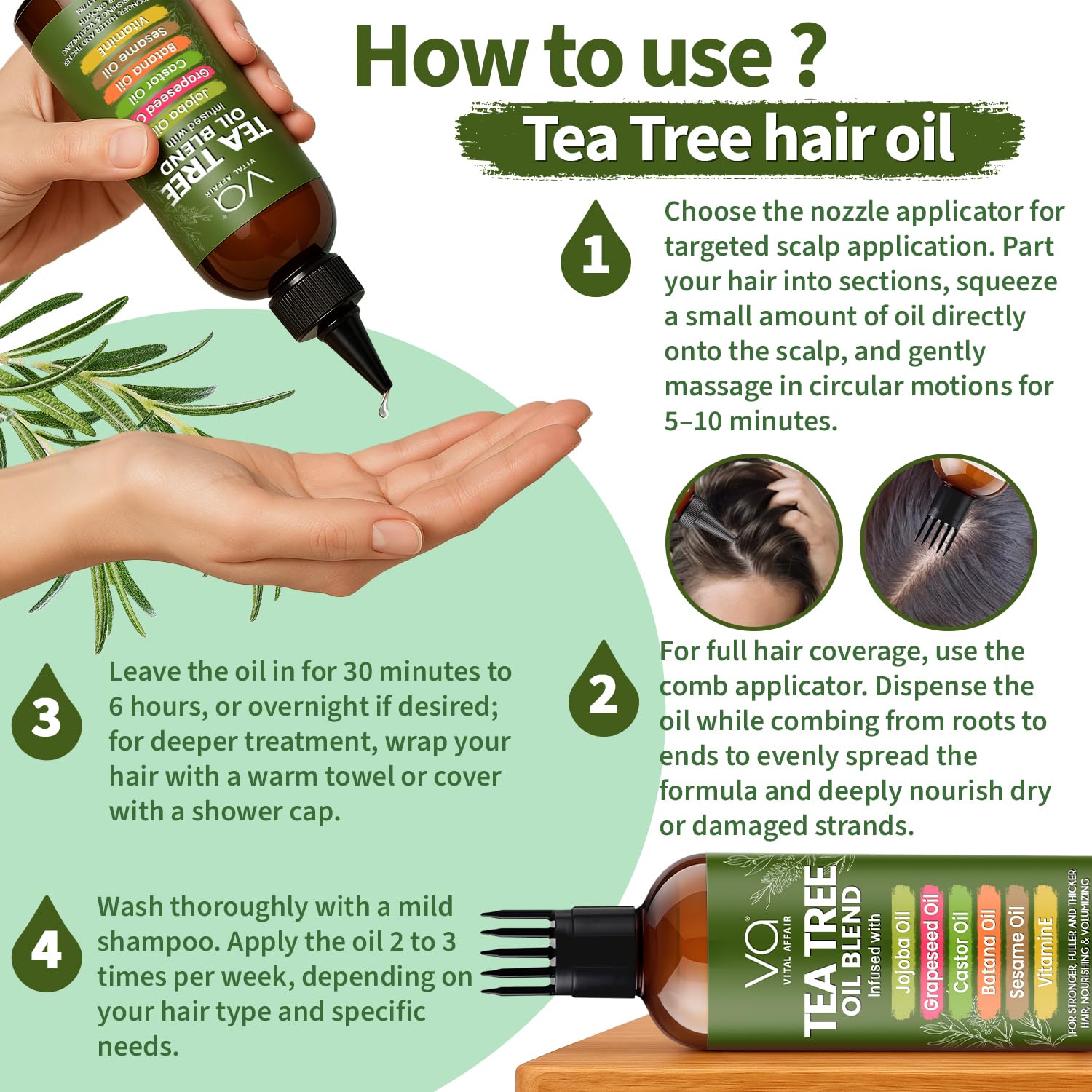 Vital Affair Tea Tree Oil with jojoba and batana visuals for nourished hair.