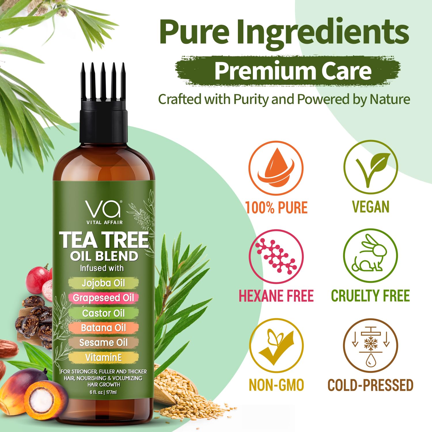 Vital Affair Tea Tree Oil packaging displays vegan and cruelty-free branding.