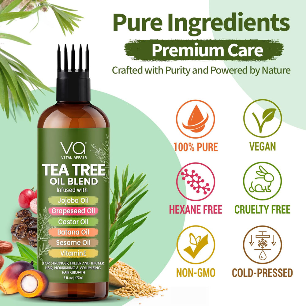 Vital Affair Tea Tree Oil packaging displays vegan and cruelty-free branding.