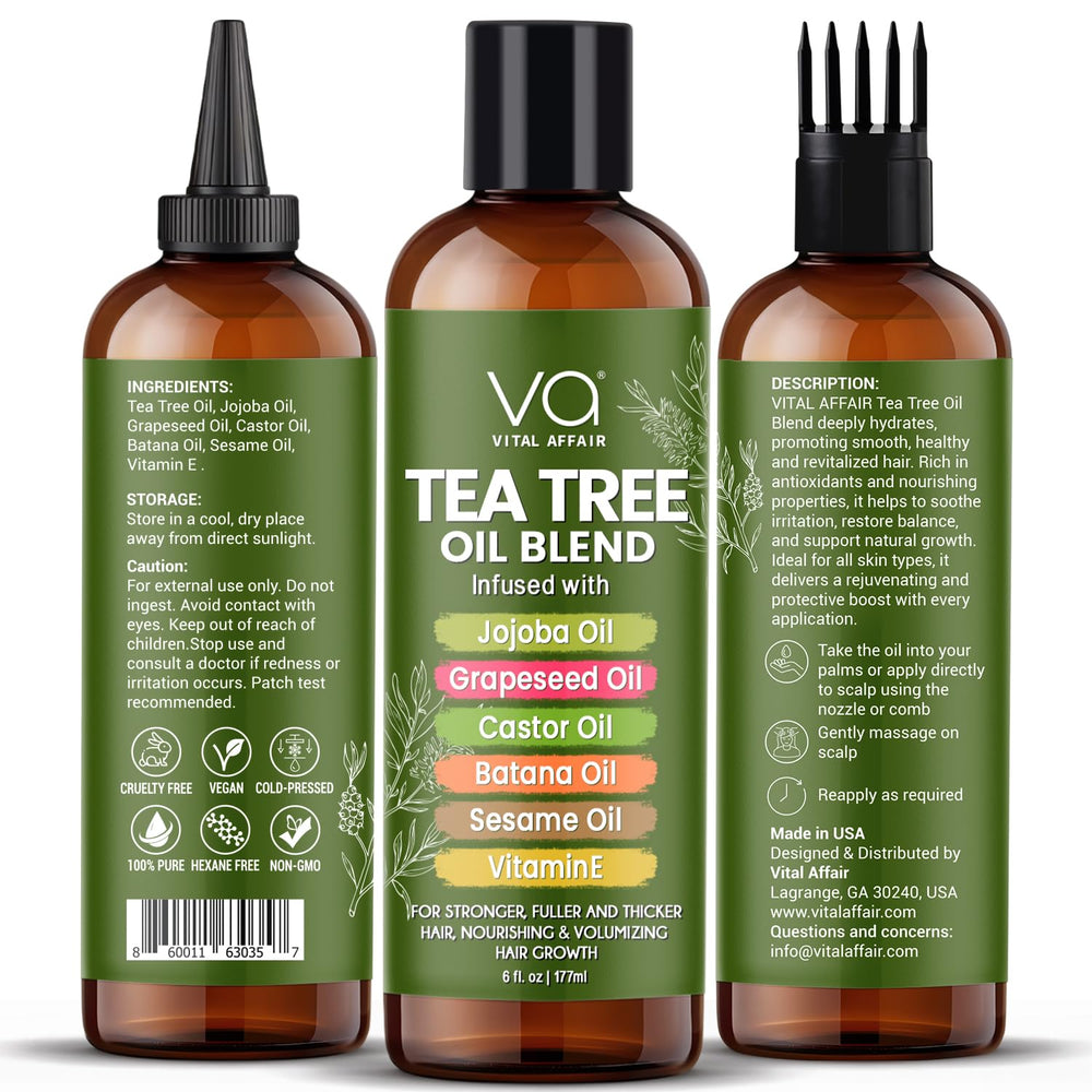 Vital Affair Tea Tree Oil scalp massage application demonstrates cooling, soothing benefits for itchy scalp.